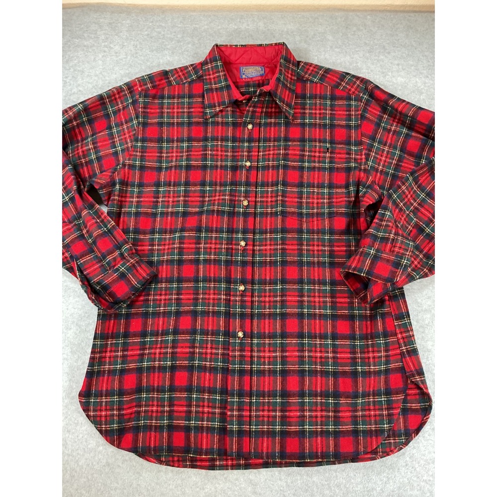 Pendleton Vintage Wool Plaid Shirt Mens XL Red Stewart Tartan Made in USA 2552